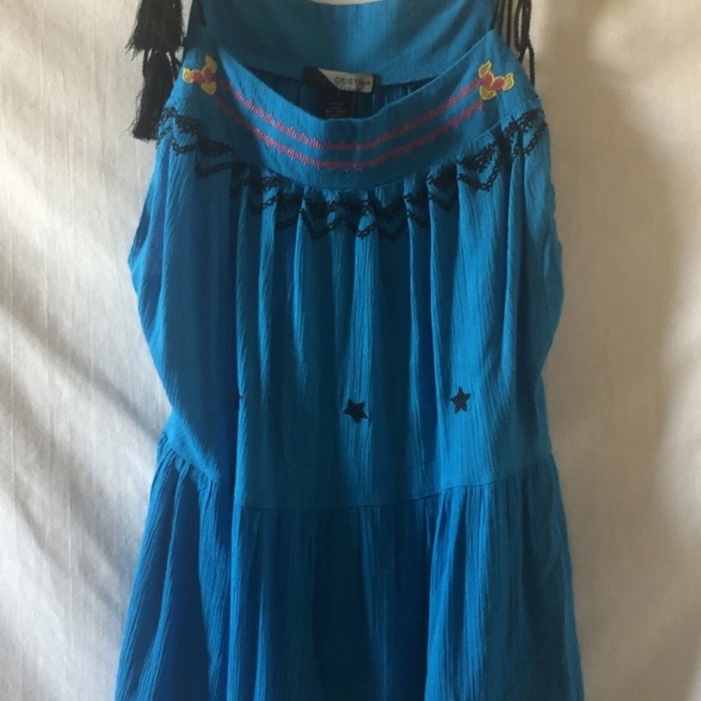 Cristina Small Lightweight Blue Tunic Black Embroidered Stars Tassels Straps